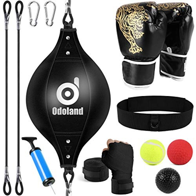 Odoland Bola de Velocidad de Boxeo con Boxing Reflex Ball Inflador Gancho y Guantes de Boxeo para Adultos Saco de Boxeo de Doble Extremo de Pera para 