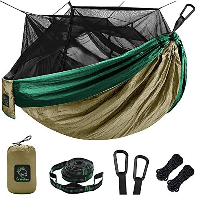 Grassman Hamaca de camping individual y doble con mosquitera, de nailon de paracaídas, portátil, con correas de 10 pies, 17 trabillas y mosquetones fá