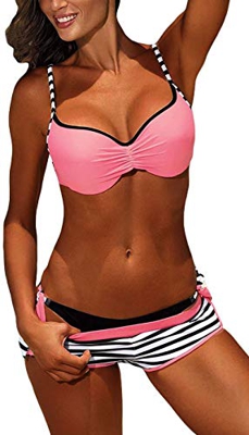 CheChury Conjuntos De Bikini Sexy Mujer Trajes De Baño De Tres Piezas Cuello Halter Tirantes con Bañador Natacion Shorts Bano Braga Thong Bikini Bikin