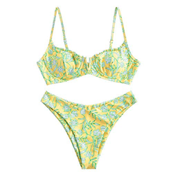 ZAFUL Bikini de dos piezas para mujer, diseño floral con alambres en V, corte alto. amarillo L en oferta