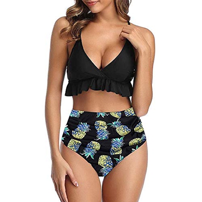 HenzWorld Traje de Baño de 2 Piezas para Mujer Traje de Baño para Mujer con Pliegues Florales y Cintura Alta Conjuntos de Bikini con Fondo Trajes de B