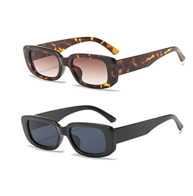YAMEIZE Rectangle Sunglasses for Women Men 2 Pack 90’s Vintage Driving Square Small Glasses UV400 Protection (Black+Leopard)