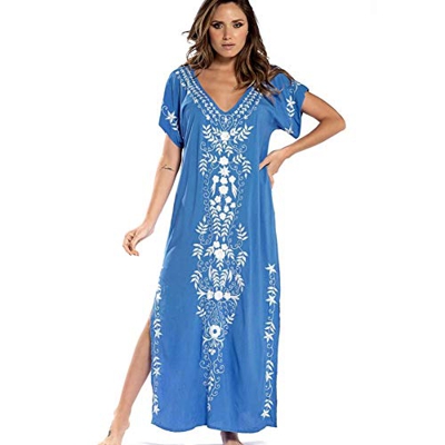 Lazz1on Kaftan Vestido Largo de Playa Mujer Largo Túnica Pareo Bikini Cover Up Boho Traje de Baño Blusa (Azul)