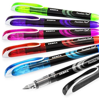 Zebra Fuente - Pluma estilográfica desechable, color negro, azul claro, rojo, verde, rosa y violeta, 6 unidades