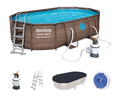 Bestway Power Steel Swim Vista Series Frame Pool Set Completo Ovalado con Filtro de Arena, Escalera de Seguridad y Lona 488 x 305 x 107 cm