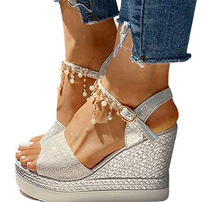 XXZ Sandalias Mujer Verano Cuña Sandalias Cómodos Casual Zapatos de Playa,Plata,37