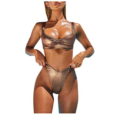 HoSayLike Bikini Mujer Llano Nylon BañAdor Biki Conjunto De Bikini De Dos Piezas con Volantes Y Bikini De Talle Alto Trajes De BañO 2020 Ropa De Playa