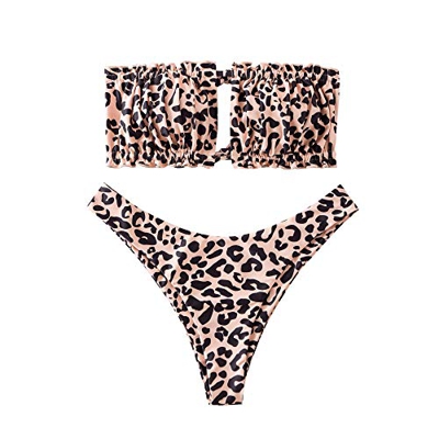 ZAFUL Conjunto de bikini para mujer, banda sin tirantes con cordón, traje de baño de color liso Diseño de leopardo. S