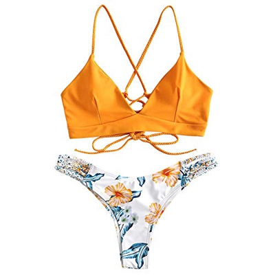 CheChury Conjunto de Bikini con Estampado de Girasol Moda Mujer 2020 brasileños Push Up Traje de bañode Dos Piezas con Encaje Trenzado