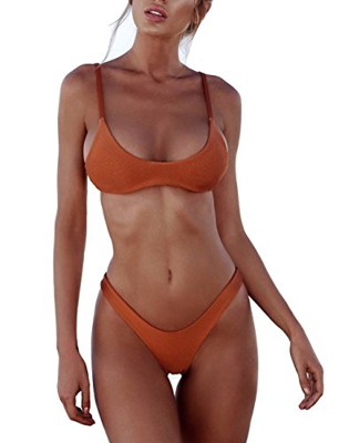 DELEY Mujeres Bikini Conjunto Brasileño Traje De Baño De Color Sólido De Dos Piezas Triángulo De Ropa De Playa Swimwear Café Tamaño M