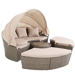 Deuba Exclusiva Isla Cama 'Havanna' de Poliratán Ø185cm Beige Tumbona Mesa y Sillas Techo Plegable para jardín o terraza en oferta