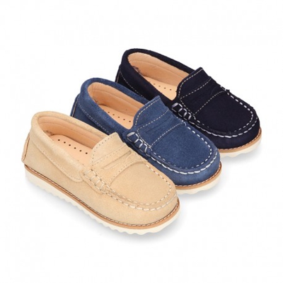 Mocasín Niño Antifaz Piel Serraje Y Suela Primavera Verano. 22 Azul Medio
