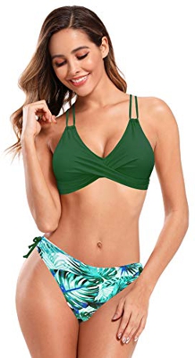 SHEKINI Mujer Bañador de Dos Piezas Deportivo Halter Torcido Bikini Top Ajustable Bikini Dos Piezas Elegante Cintura Baja Impreso Triángulo Bikini Bot