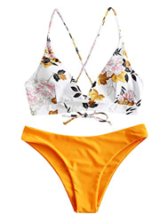 Zaful - Conjunto de bikini acolchado para mujer en diseño de naranjas, de tirantes con cordones amarillo S precio