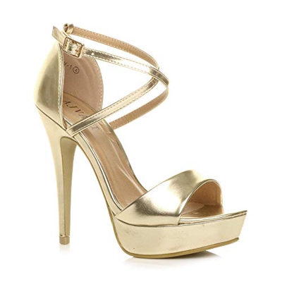 Mujeres tacón Alto Plataforma Fiesta Noche Boda Zapatos de Punta Abierta Sandalias de Tiras Cruzado número 4 37