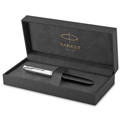 Parker 51 pluma estilográfica | cuerpo negro con adorno cromado | plumín fino con cartucho de tinta negra | estuche de regalo