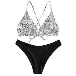 ZAFUL Bikini de punto dálmata cruzado con estampado de leopardo, tirantes finos, bikini de corte alto Negro S características