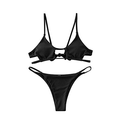 ZAFUL Conjunto de bikini para mujer, acanalado y sólido. Negro S