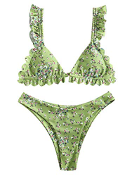 ZAFUL Conjunto de bikini para mujer Flower Ruffle de corte alto verde M en oferta