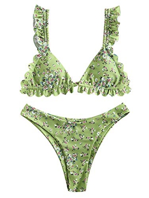 ZAFUL Conjunto de bikini para mujer Flower Ruffle de corte alto verde M
