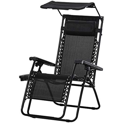 Outsunny Tumbona Plegable Silla de Gravedad Cero Reclinable con Toldo de Sombra con Bandeja Portavasos Portátil Textilene para Jardín Balcón Carga 150