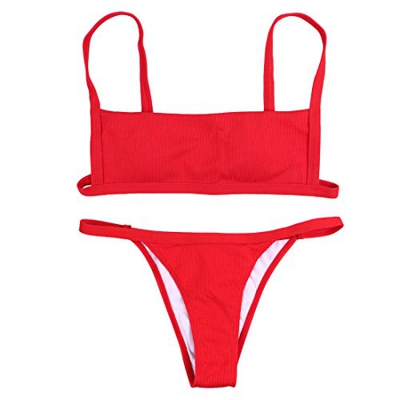 Bikini de Mujer Color sólido Acolchado Acanalado Trajes de baño Sexy para Mujer Correa de Espagueti Cuello Cuadrado Conjunto de Bikini Traje de baño T