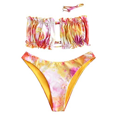 ZAFUL Conjunto de bikini para mujer, banda sin tirantes con cordón, traje de baño de color liso Multic. S
