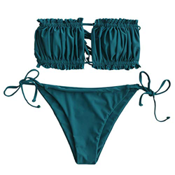 ZAFUL Bikini para mujer con hombros descubiertos, con cordón y volantes, corte alto, monocolor azul pavo real S en oferta