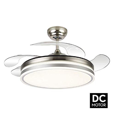 TODOLAMPARA - Ventilador de techo con luz LED 36W motor DC modelo BAYOMO Níquel, 3 tonalidades, aspas retráctiles, 6 velocidades, control remoto, memo