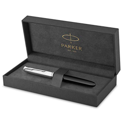 Parker 51 pluma estilográfica | cuerpo negro con adorno cromado | plumín mediano con cartucho de tinta negra | estuche de regalo características