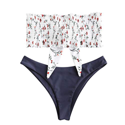 Zaful - Conjunto de bikini tipo banda sin tirantes ni forro, plisado y elástico, con diseño floral y anudado gris oscuro. L características