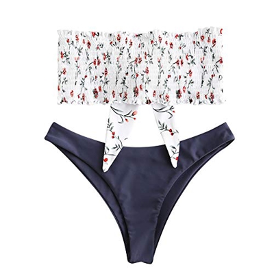 Zaful - Conjunto de bikini tipo banda sin tirantes ni forro, plisado y elástico, con diseño floral y anudado gris oscuro. L