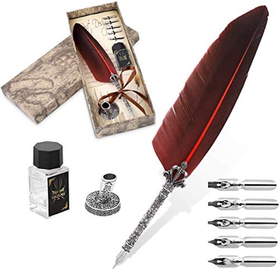 Juego de bolígrafos de plumas vintage con 5 puntas de repuesto estilo europeo con base, regalo de cumpleaños para amigos y familiares., color rosso 商品