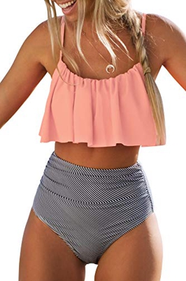 CUPSHE Conjunto de Bikini Mujer Volante Falbala Cintura Alta Traje de Baño de Dos Piezas, XXL