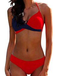 Bikini Elegante Traje de Baño Conjunto Bañador Halter Sexy Sólido para Mujer Ropa de Playa Traje de Baño Bikini Sets Talla Grande (Rojo, XL) características