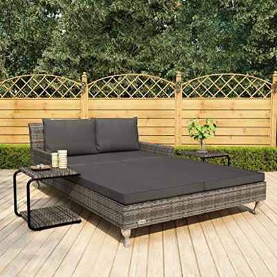 Benkeg Tumbona Doble de Jardín con Cojines Ratán Sintético Gris, Tumbonas Jardin Exterior Tumbona de Sol Tumbona de Exterior para Jardín, Patio, Porch