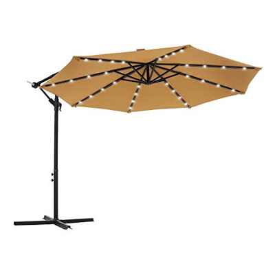 SONGMICS Parasol excéntrico de jardín, con 32 Leds de luz Solar, Sombrilla Ø 3 m con Base, Protección UPF50+, Manivela para Abrir/Cerrar, Terraza/Pati