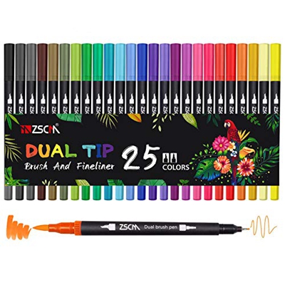 25 Colores Rotuladores lettering, ZSCM Rotuladores Doble Punta Fina, Fineliner Plumas para Adultos libros de colorear, Bullet Journal, Caligrafía y Di