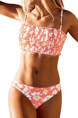CUPSHE Mujer Bikini Palabra de Honor con Estampado Floral Traje De Baño Rosa M