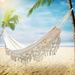 KeepTpeeK Hamaca hecha a mano de algodón orgánico, hamaca clásica de macramé, flecos, hamaca de árbol, columpio para camping, porche, exterior e inter precio