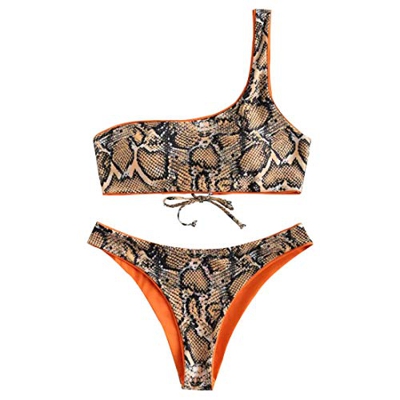Bikini Mujer Patrón de Serpiente Conjunto de Bikini con Cordones Un Hombro Bikini Acolchado Top Push-up Bikini Bottom Cintura Baja Traje de baño de Do