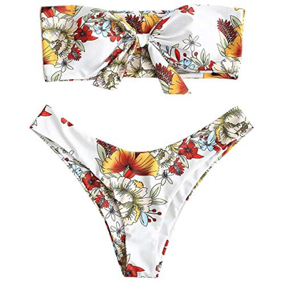 CHARMMA Conjunto de Bikini Estampado Bandeau con Nudo Delantero Dos Piezas Set Traje de Baño Verano 2019 Blanco S