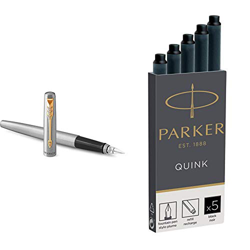 Parker Jotter - Pluma estilográfica, cuerpo de acero inoxidable con adorno dorado, plumín mediano y tinta azul, en estuche de regalo + Quink recambios características