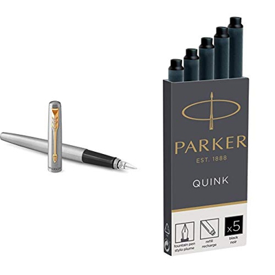 Parker Jotter - Pluma estilográfica, cuerpo de acero inoxidable con adorno dorado, plumín mediano y tinta azul, en estuche de regalo + Quink recambios