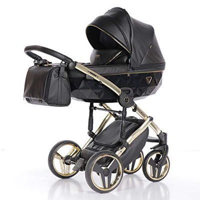 Sistema de viaje 3 en 1, silla de paseo, carrito con capazo y silla de coche y accesorios Junama Diamond Fluo (04 Fluo Schwarz-Gold, 3IN1)