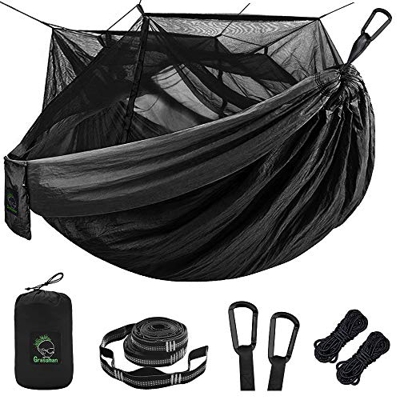 Grassman Hamaca de camping individual y doble con mosquitera, de nailon de paracaídas, portátil, con correas de 10 pies, 17 trabillas y mosquetones fá