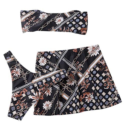 Keepwin Bikinis Mujer Sexy Brasileñas Vintage Floral 3 Piezas Bandeau y Tanga y Falda Conjuntos Ropa de Baño Mujer Push Up Trajes de Baño Bañador Nata
