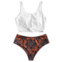ZAFUL Traje de baño de dos piezas para mujer, traje de baño acolchado con estampado floral y cordones, tankini de cintura alta chocolate L características