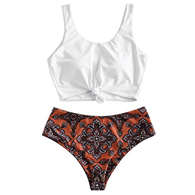 ZAFUL Traje de baño de dos piezas para mujer, traje de baño acolchado con estampado floral y cordones, tankini de cintura alta chocolate L