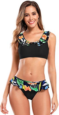 SHEKINI Mujer Bikinis Conjuntos Traje de Baño Dividido para Mujer Traje de Baño de Dos Piezas con Cuello en U con Volantes (S, Negro)